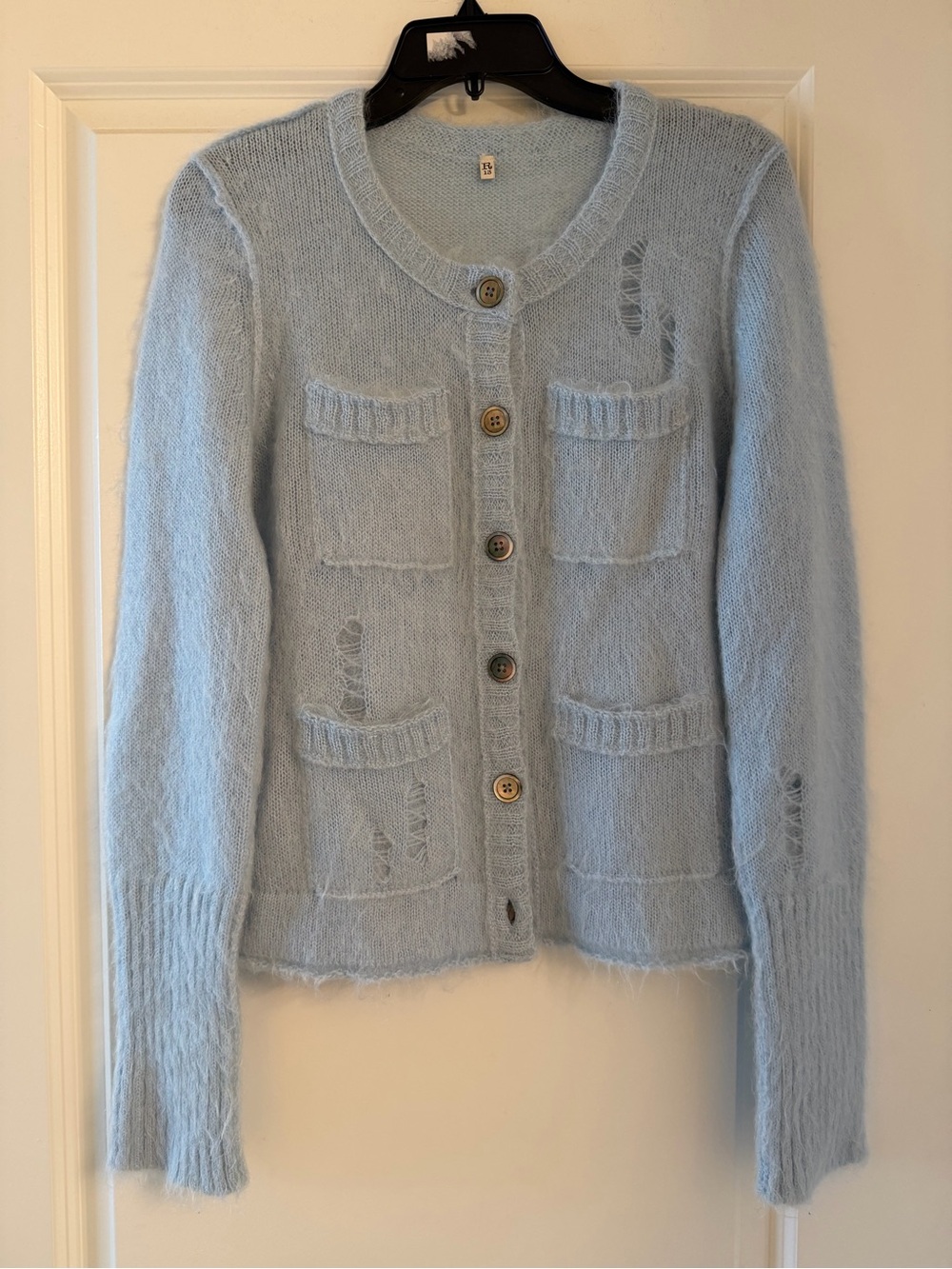 R13 Pale Blue Distressed Mohair-Blend Button Cardigan